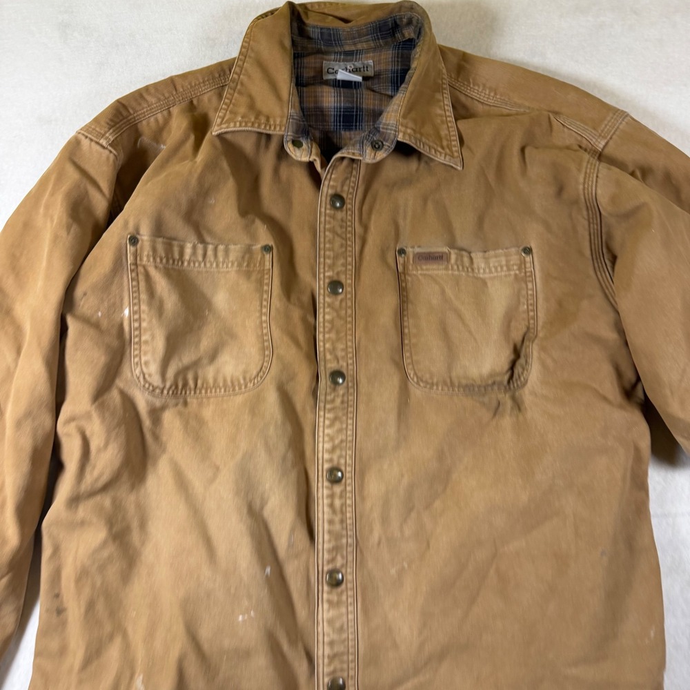 Carhartt Mens Flannel Lined Canvas Shirt Jacket Tan Distressed Workwear Large - Picture 1 of 4